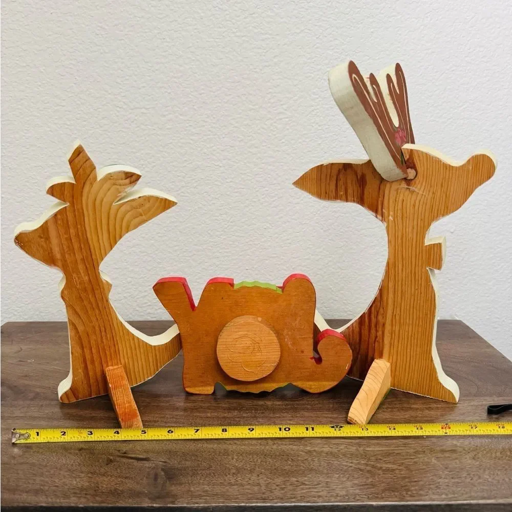 Vintage Wooden Reindeer Couple Christmas Holiday Decor Set